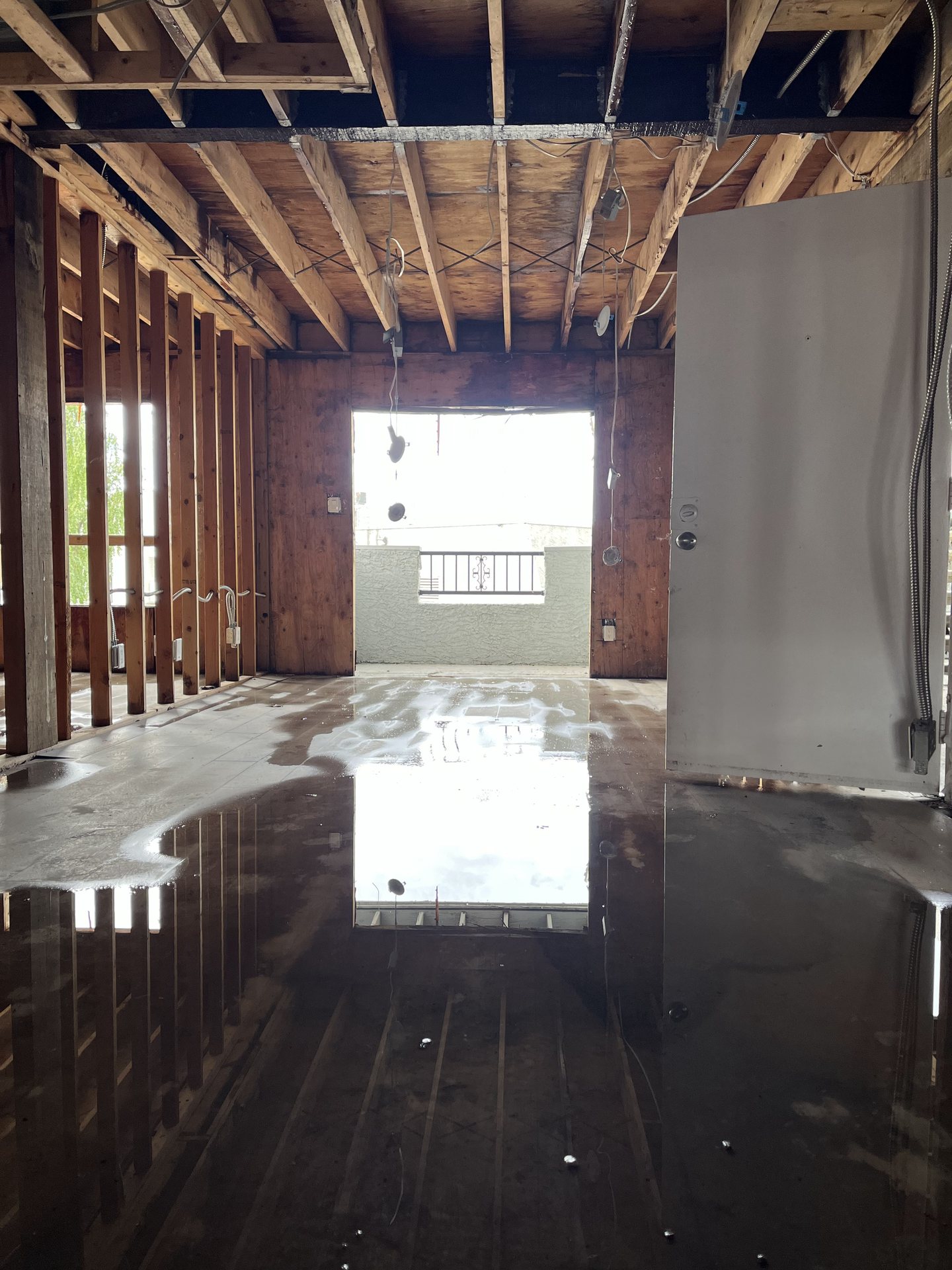 Gutted apartment unit with exposed wood framing and standing floodwater across the floor