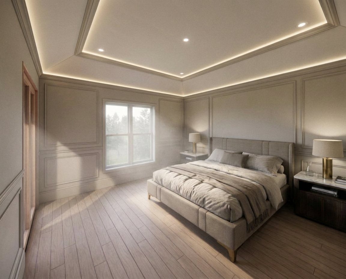 Primary bedroom with a tray ceiling and cove lighting, picture-frame wall paneling, wide-plank wood floors, and an upholstered bed