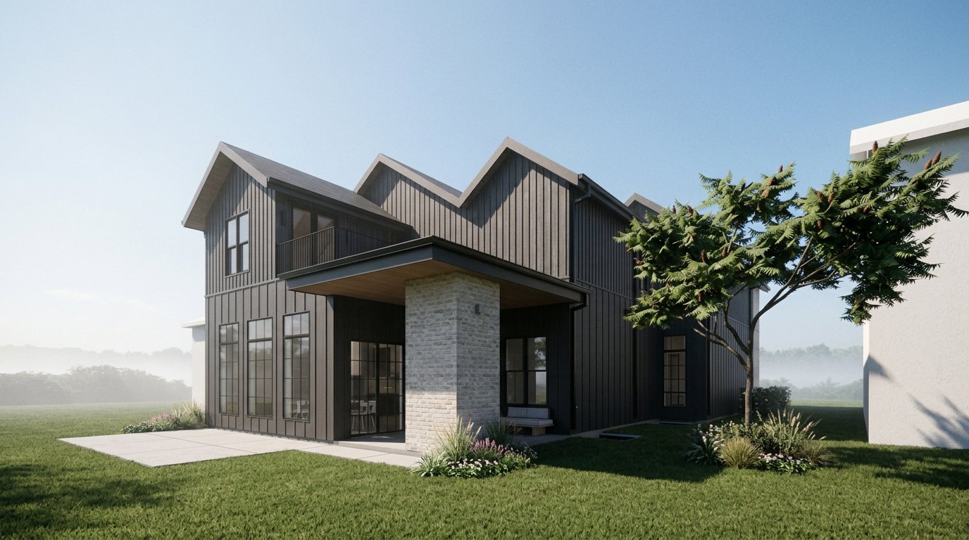 Highland Residence rear elevation with repeated gables, charcoal board-and-batten siding, a brick column supporting a covered porch, and a second-floor balcony