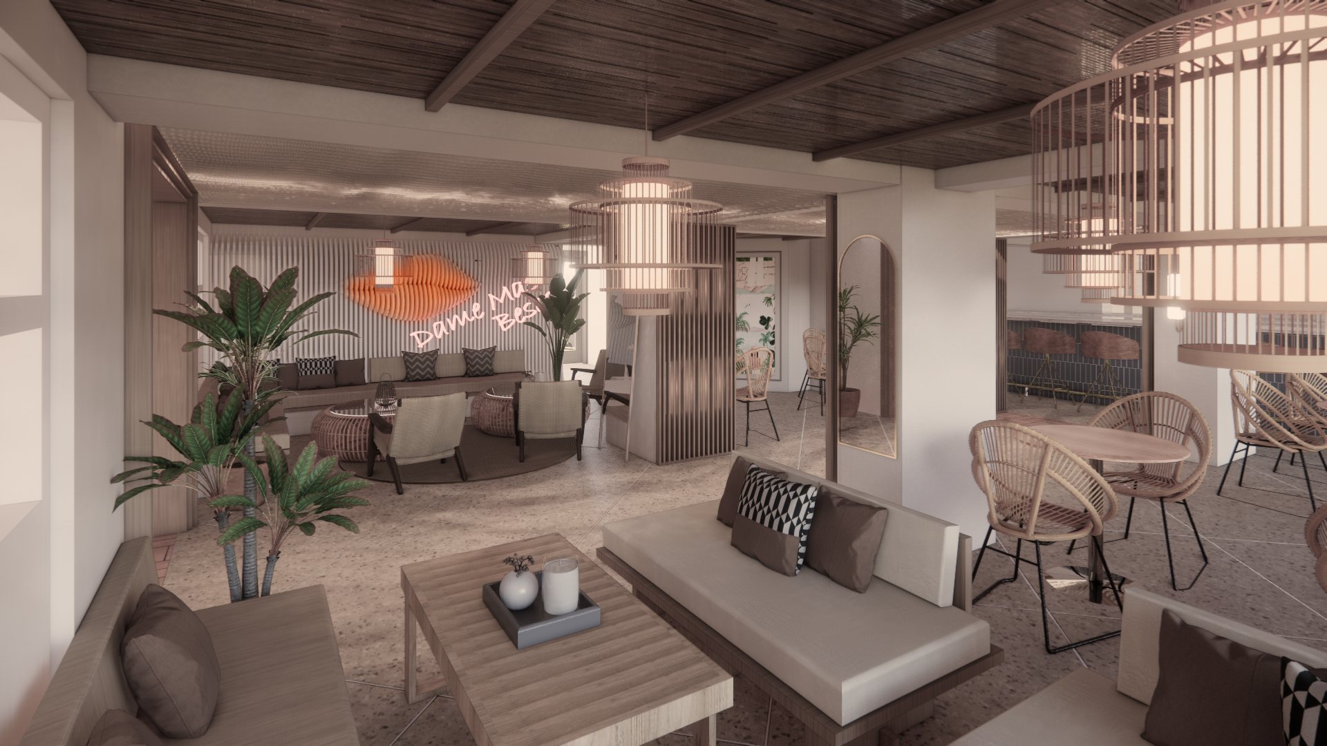 Open lounge with low timber seating, rattan chairs, tiered bamboo lanterns, and a neon lips sign on a slatted wave wall
