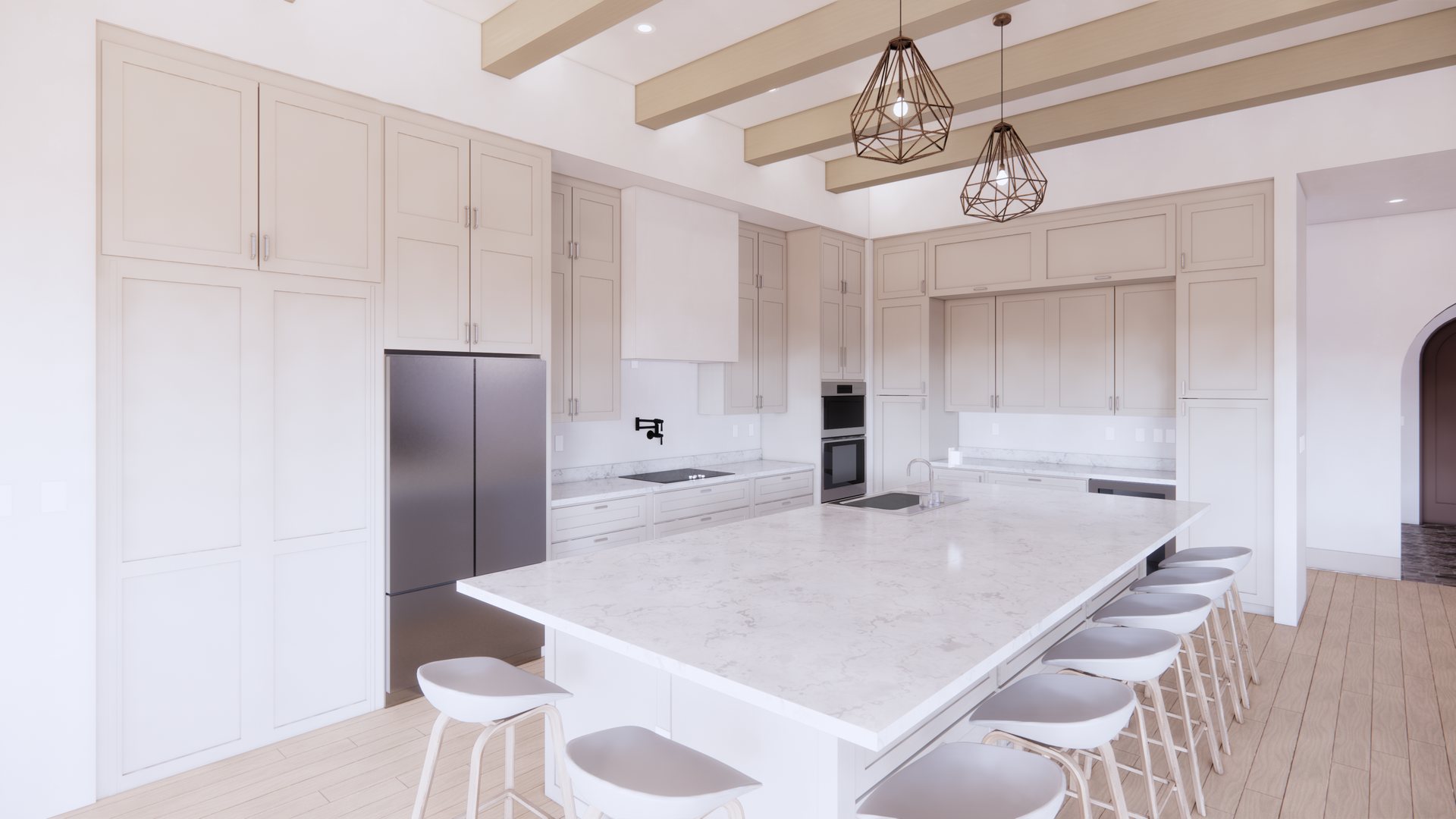 Kitchen with cream shaker cabinetry to the ceiling, a plaster range hood, a large quartz island with stools, and geometric copper pendants beneath timber beams