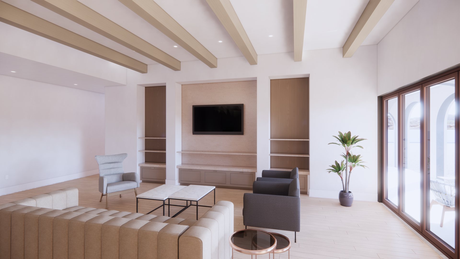 Living room with exposed pale timber beams, a built-in wood media wall with display niches, and folding glass doors opening to an arched loggia